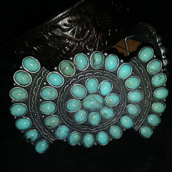 Authentic Turquoise and Brown leather Belt - Picture 1 of 5